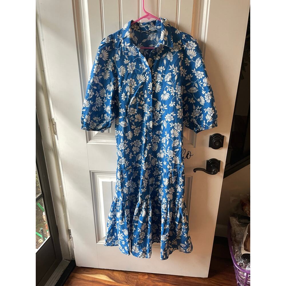 ZARA Dress Womens S Blue BLOGGER Favorite Floral Drop Waist Midi Button Up Boho